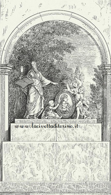 Litografia del monumento eseguita da Jean Junk, litografo francese, ma torinese d’adozione. Fu attivo a Torino dal 1840 con stabilimento litografico in Via Accademia delle Scienze 2. Morì nel 1872 e fu sepolto nella I ampliazione del Monumentale di Torino.