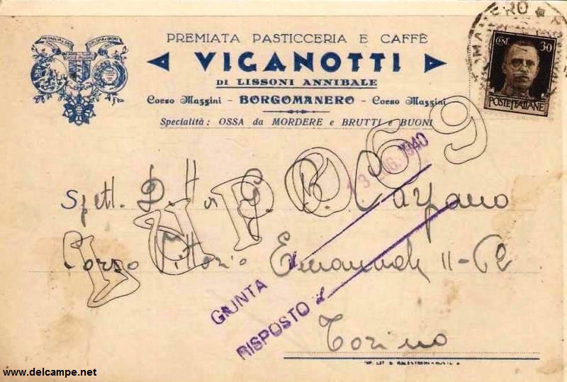 Cartolina intestata Viganotti e inviata alla ditta Carpano di Torino nel 1940. Immagine tratta dal sito: www.delcampe.net
