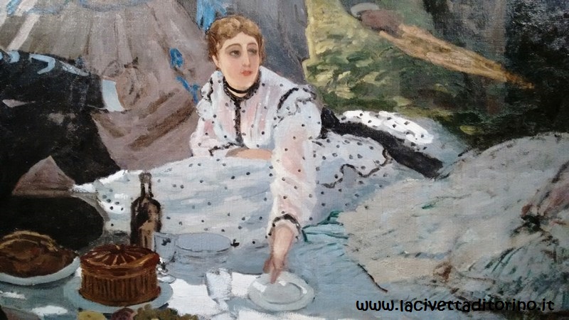 Monet, La Colazione sull'Erba (particolare), 1865-66. La fanciulla è Camille Doncieux, prima moglie di Monet.