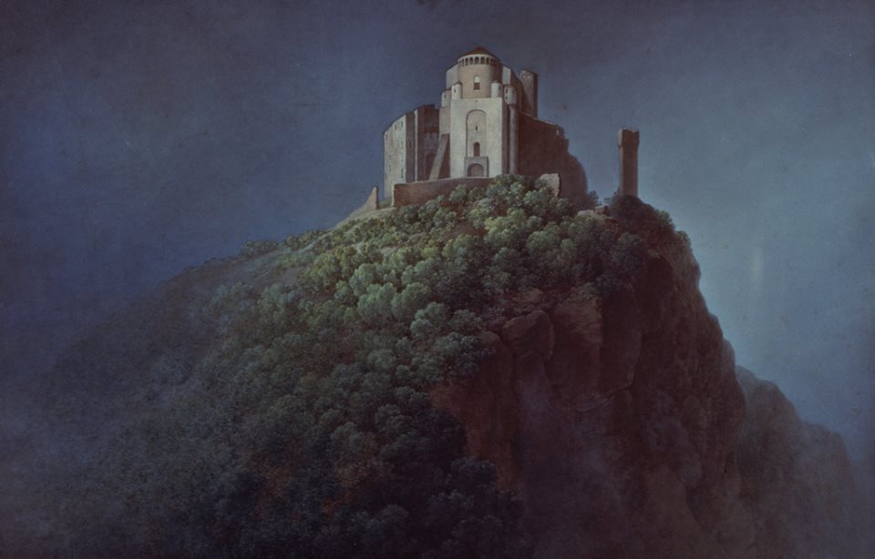 G. P. Bagetti, La Sacra di San Michele, 1825 - 1830, GAM Torino. Spicca a destra la torre della bell'Alda.
