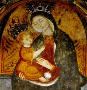 L'icona di Vicoforte. Sotto la mano della Madonna si vede il segno del proiettile