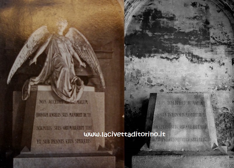 A sinistra l'immagine tratta dalla guida del cimitero di Torino del 1883 e a destra il piedistallo vuoto, com'è oggi. Spariti angelo e sarcofago. L'iscrizione fa riferimento a un passo del Salmo 90.