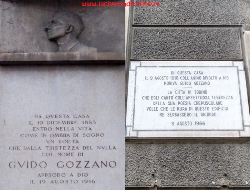 Epigrafi a Torino ricordano Gozzano: a destra Via Bertolotti 2, a sinistra Via Cibrario 65